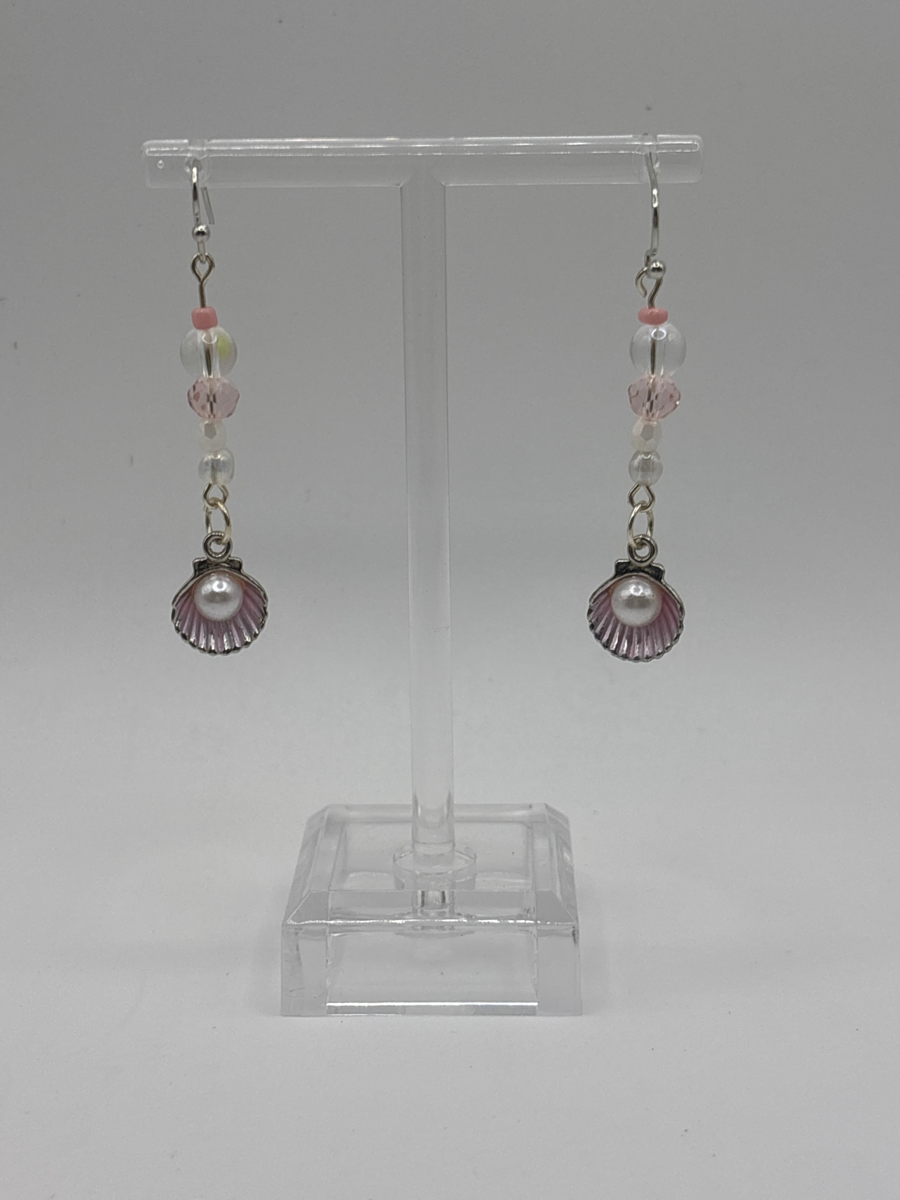 Silver tone shell with pink accents, bubbles and beads, dangle