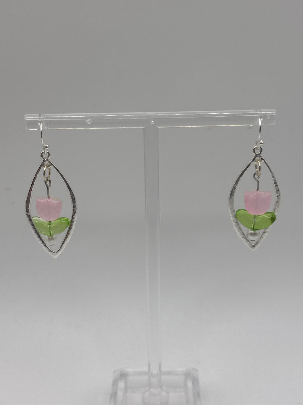3D pink tulip earrings silver tone
