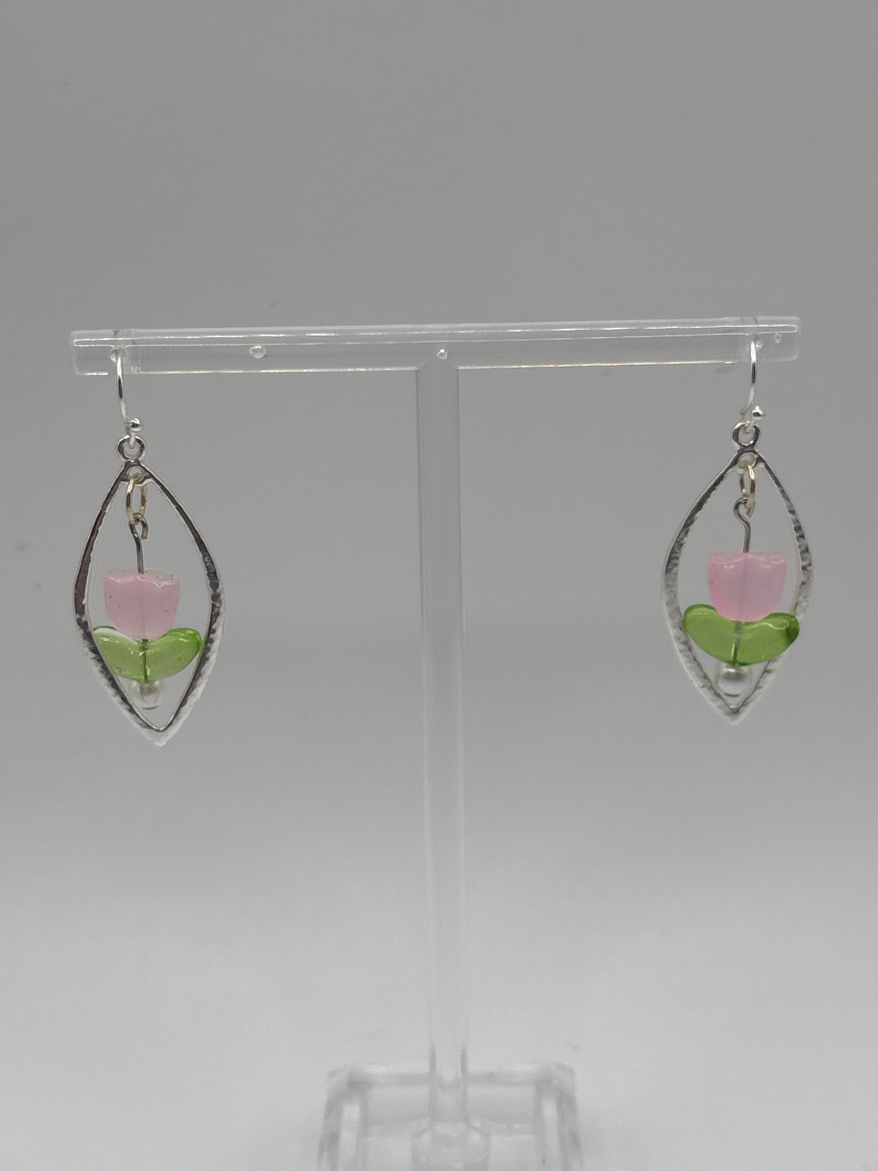 3D pink tulip earrings silver tone
