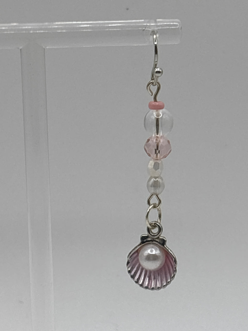 Silver tone shell with pink accents, bubbles and beads, dangle