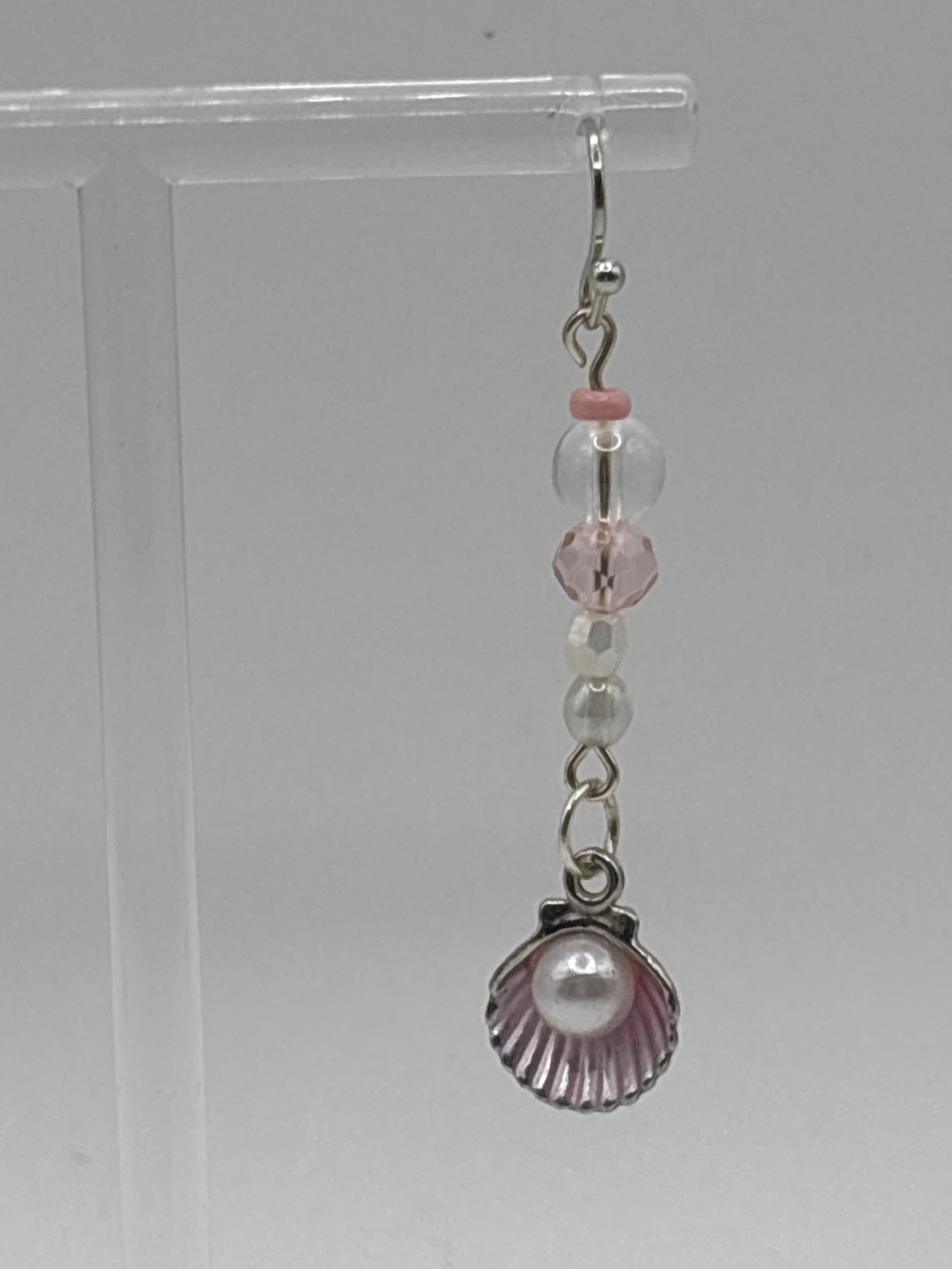 Silver tone shell with pink accents, bubbles and beads, dangle