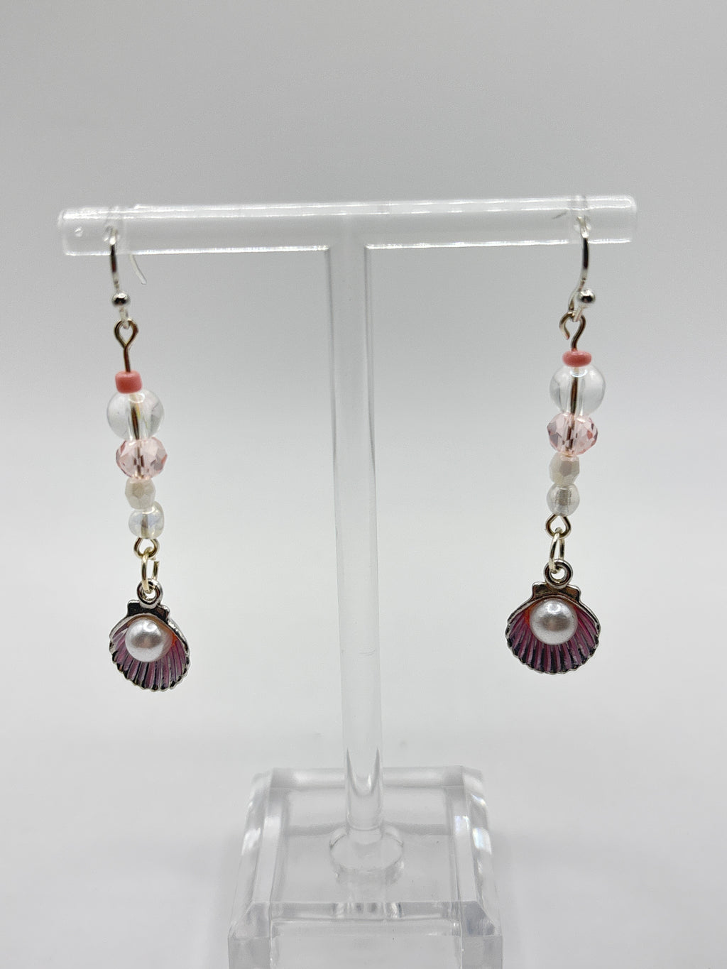 Silver tone shell with pink accents, bubbles and beads, dangle