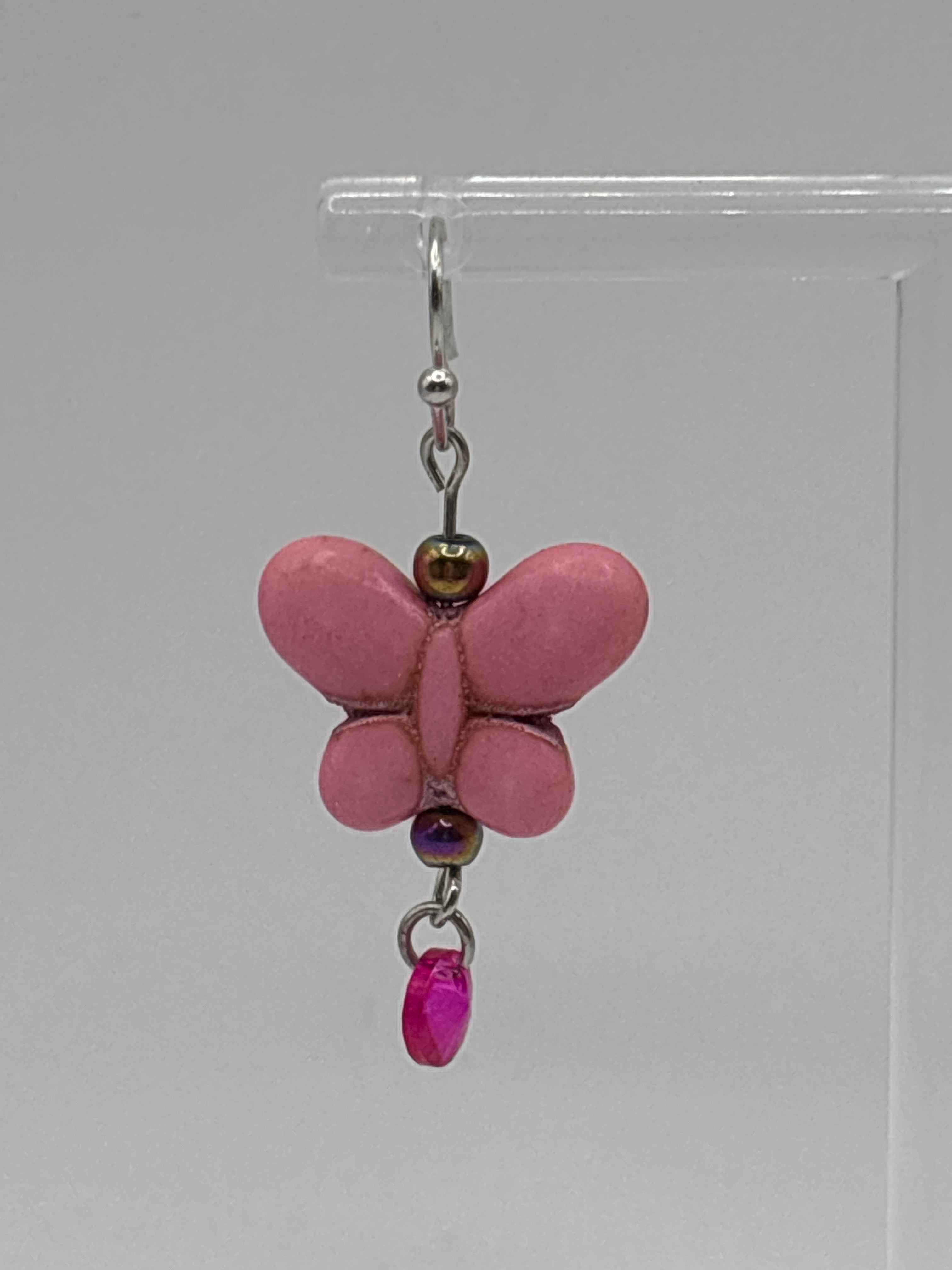 Pink butterfly with pink single dangle and iridescent bead