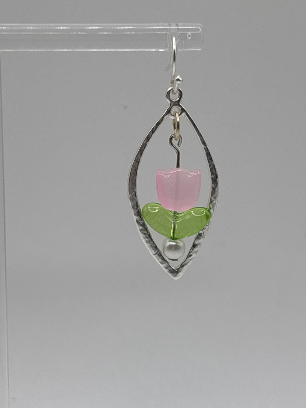 3D pink tulip earrings silver tone