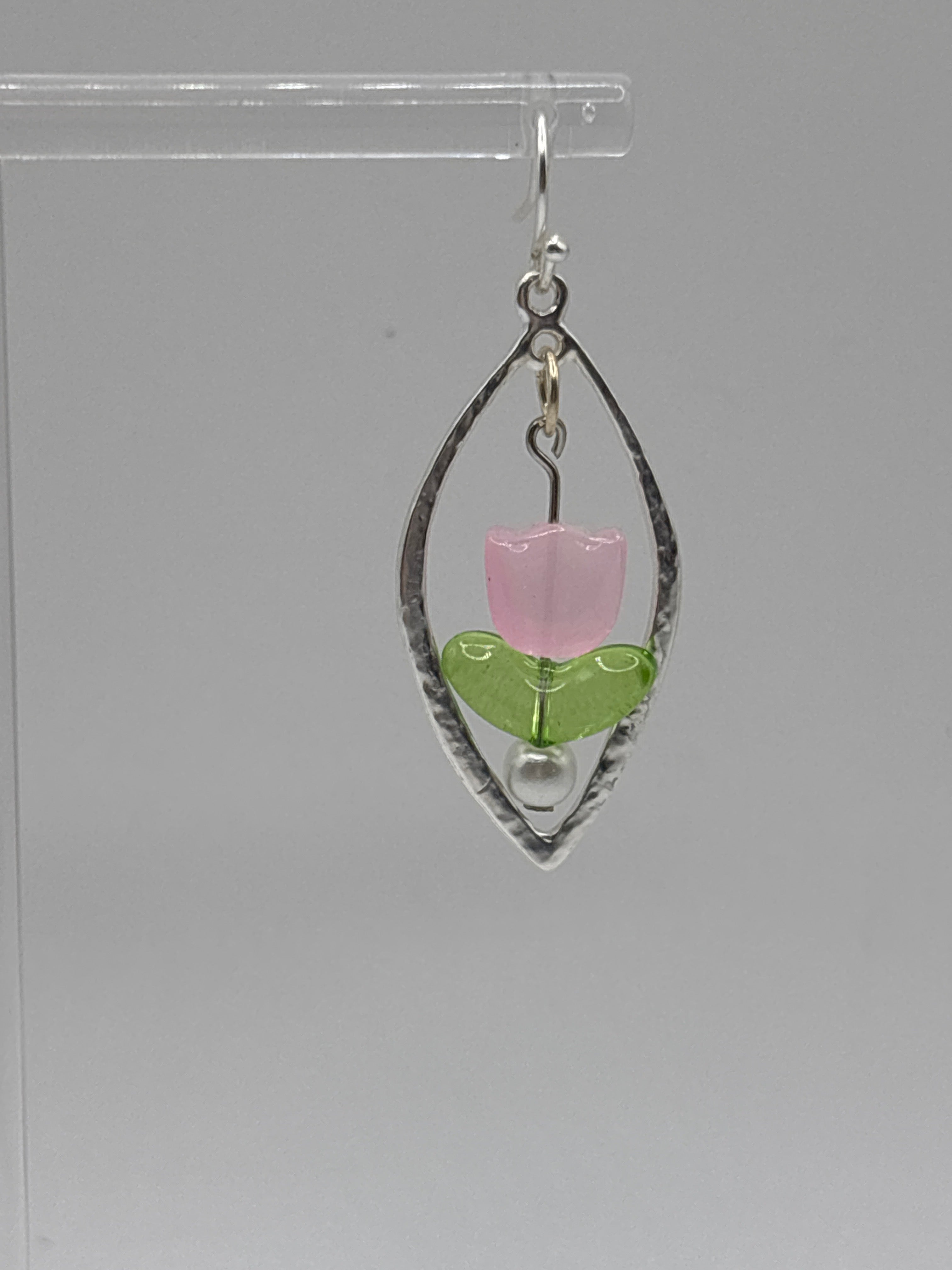 3D pink tulip earrings silver tone
