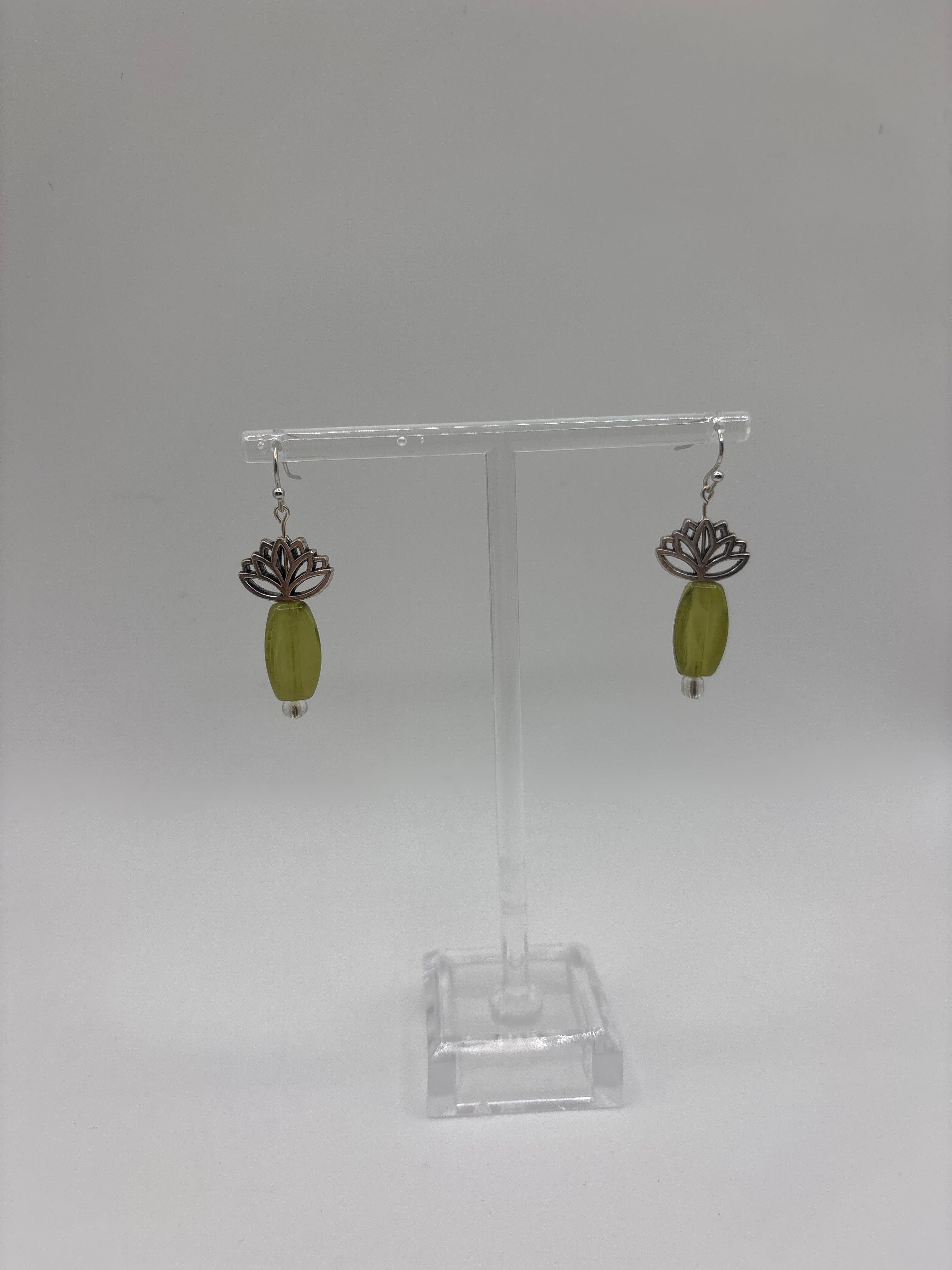 Lotus flower in silver tone with green bead