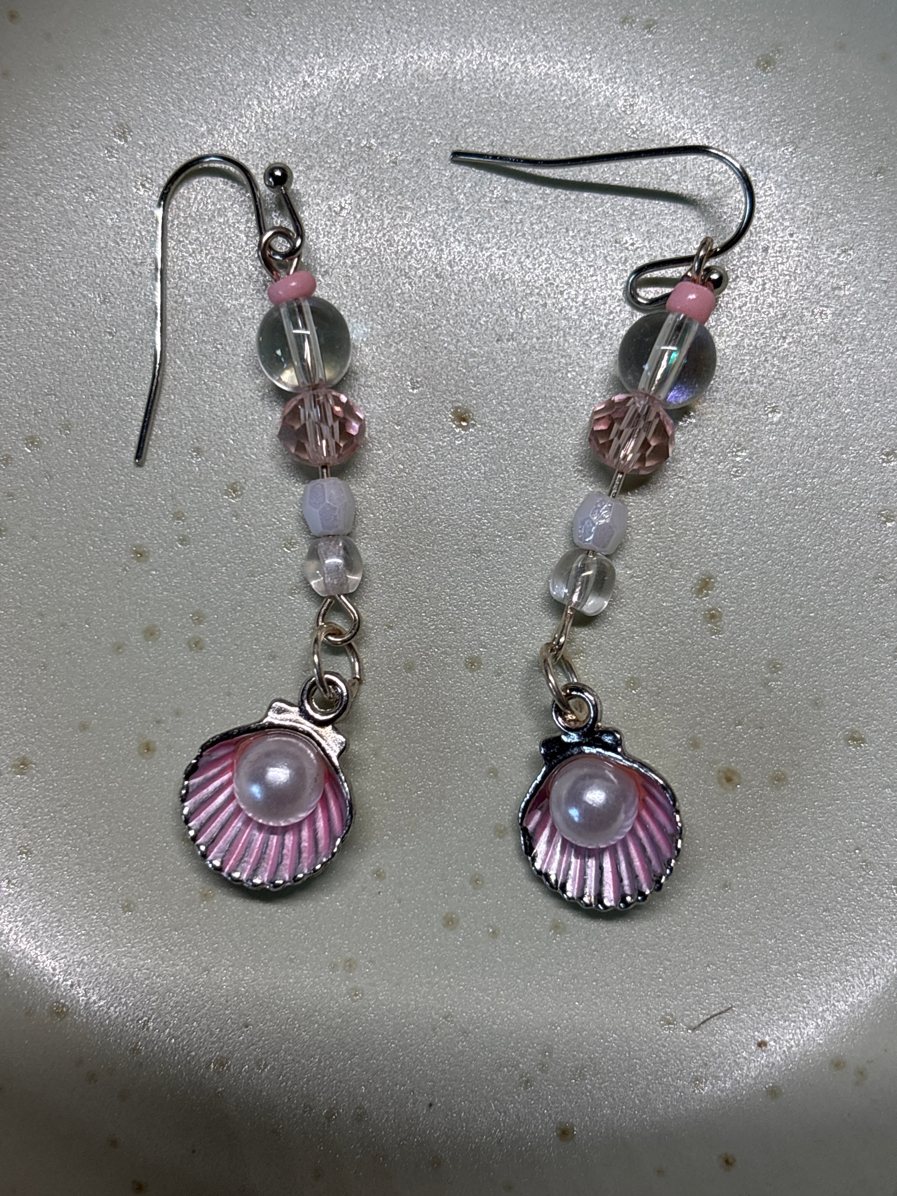 Silver tone shell with pink accents, bubbles and beads, dangle
