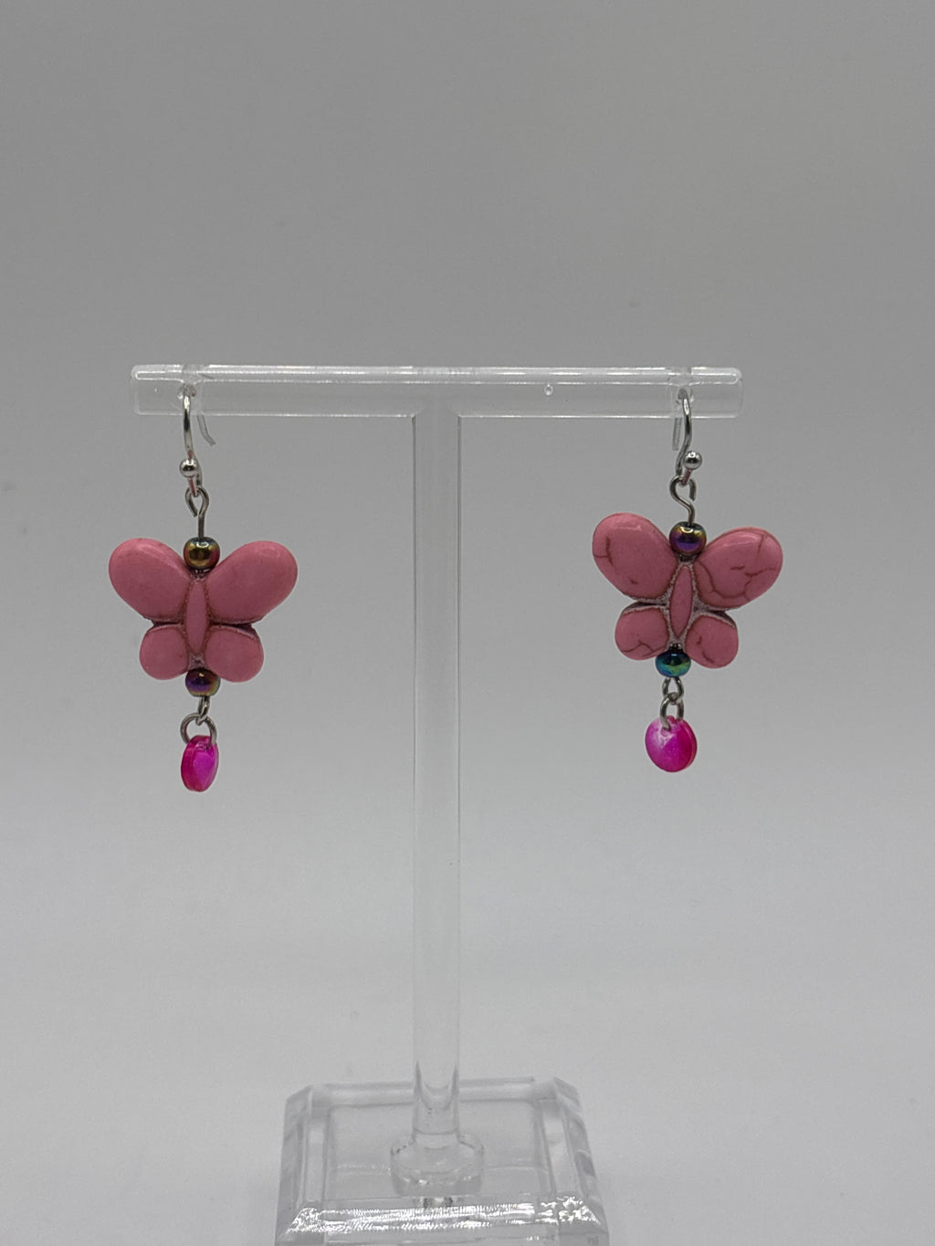 Pink butterfly with pink single dangle and iridescent bead