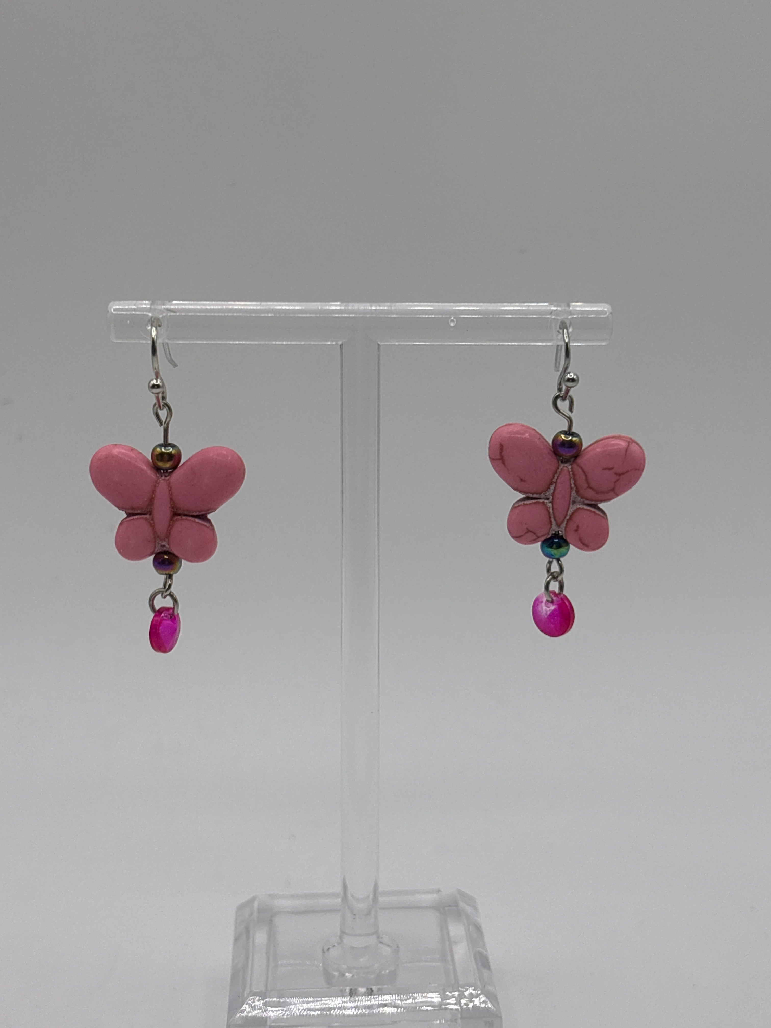 Pink butterfly with pink single dangle and iridescent bead