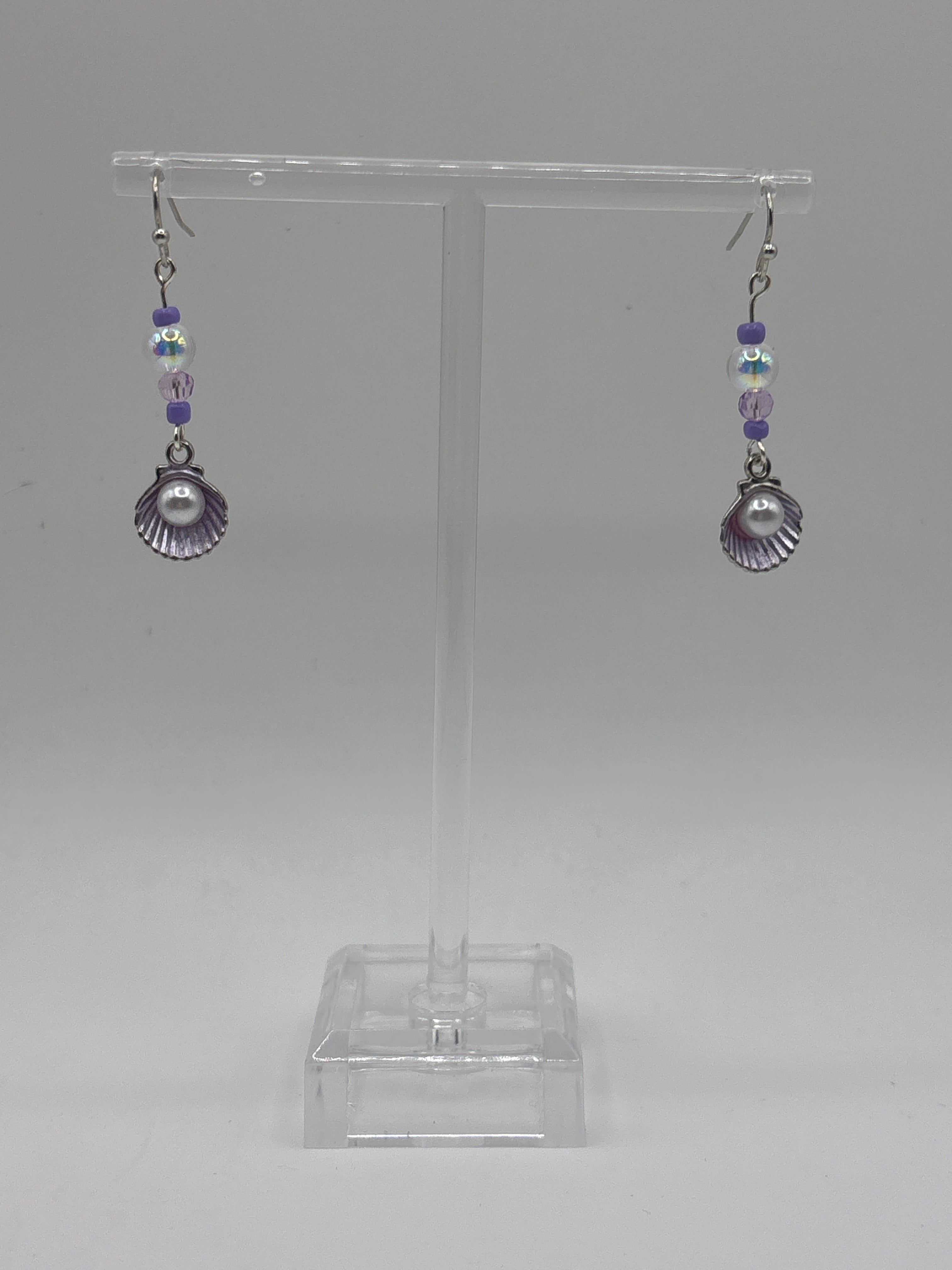 Silver tone shell with pearl, single bubble and purple accents