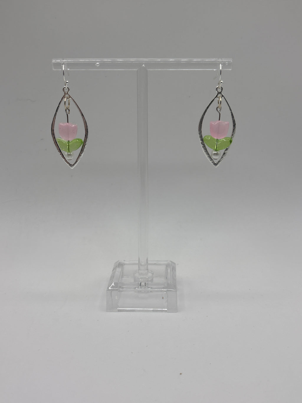 3D pink tulip earrings silver tone
