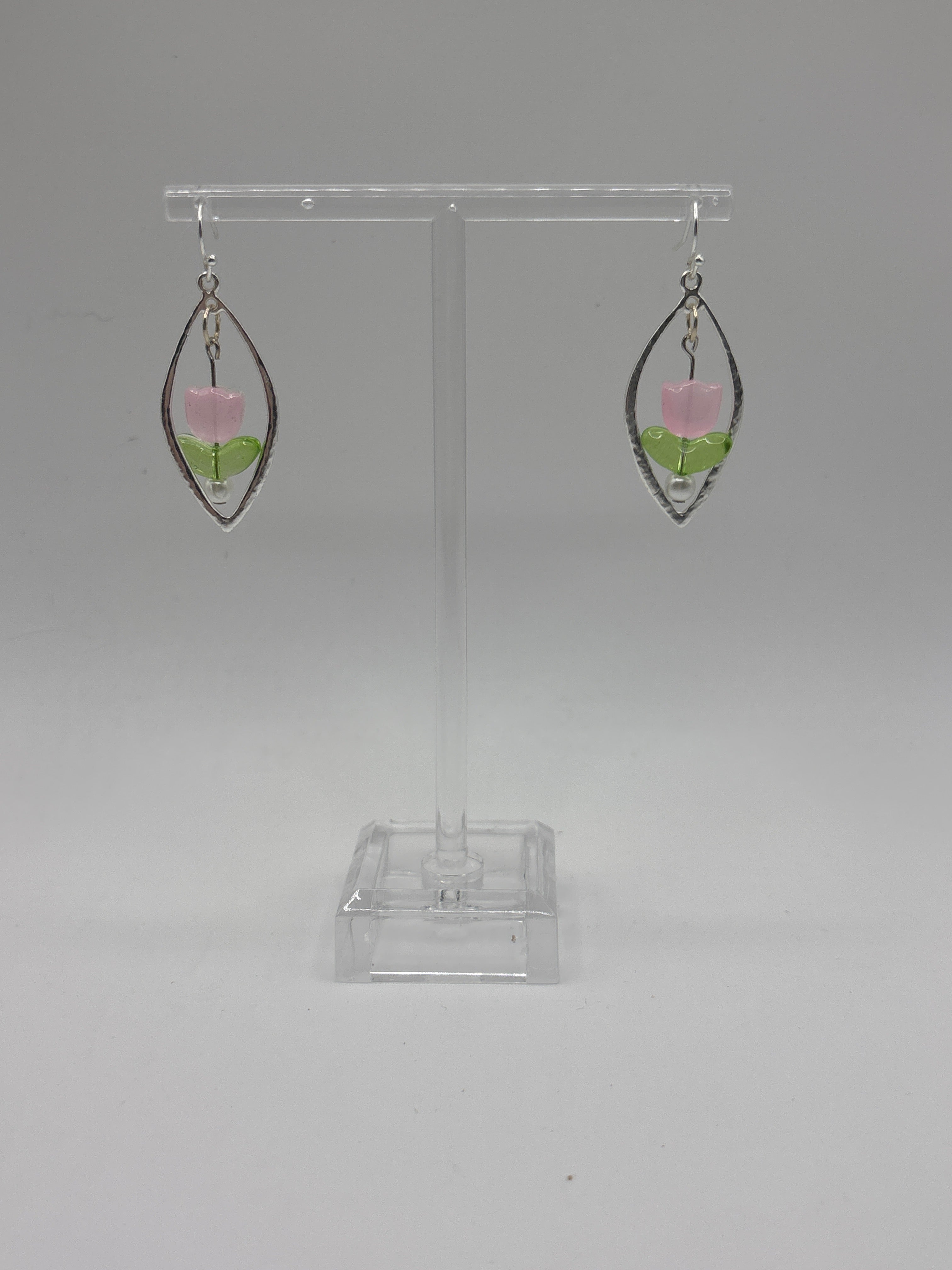 3D pink tulip earrings silver tone
