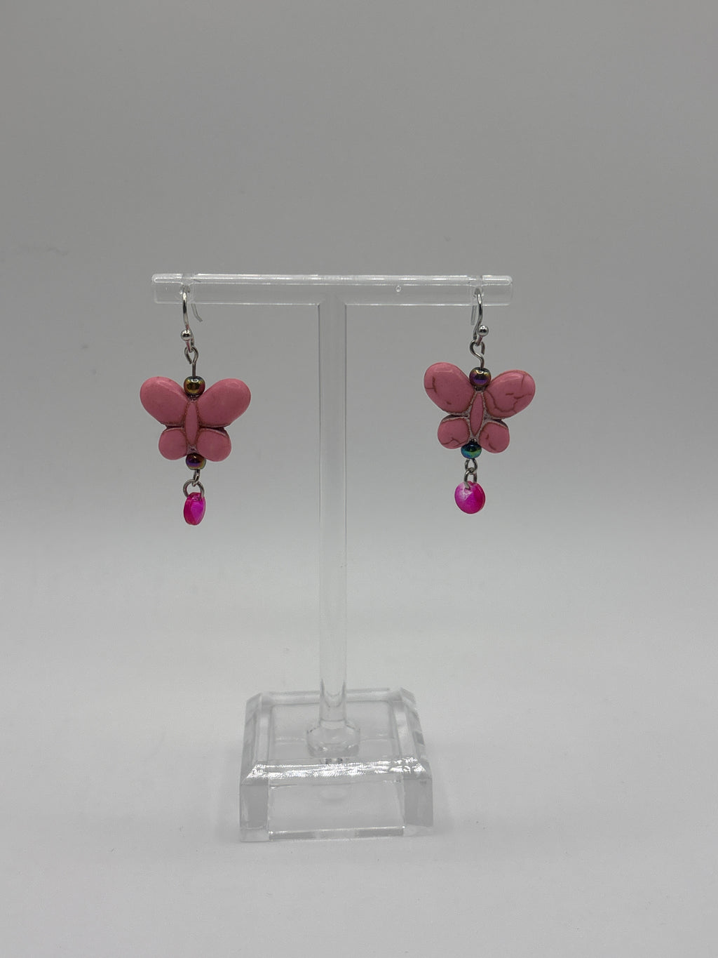 Pink butterfly with pink single dangle and iridescent bead