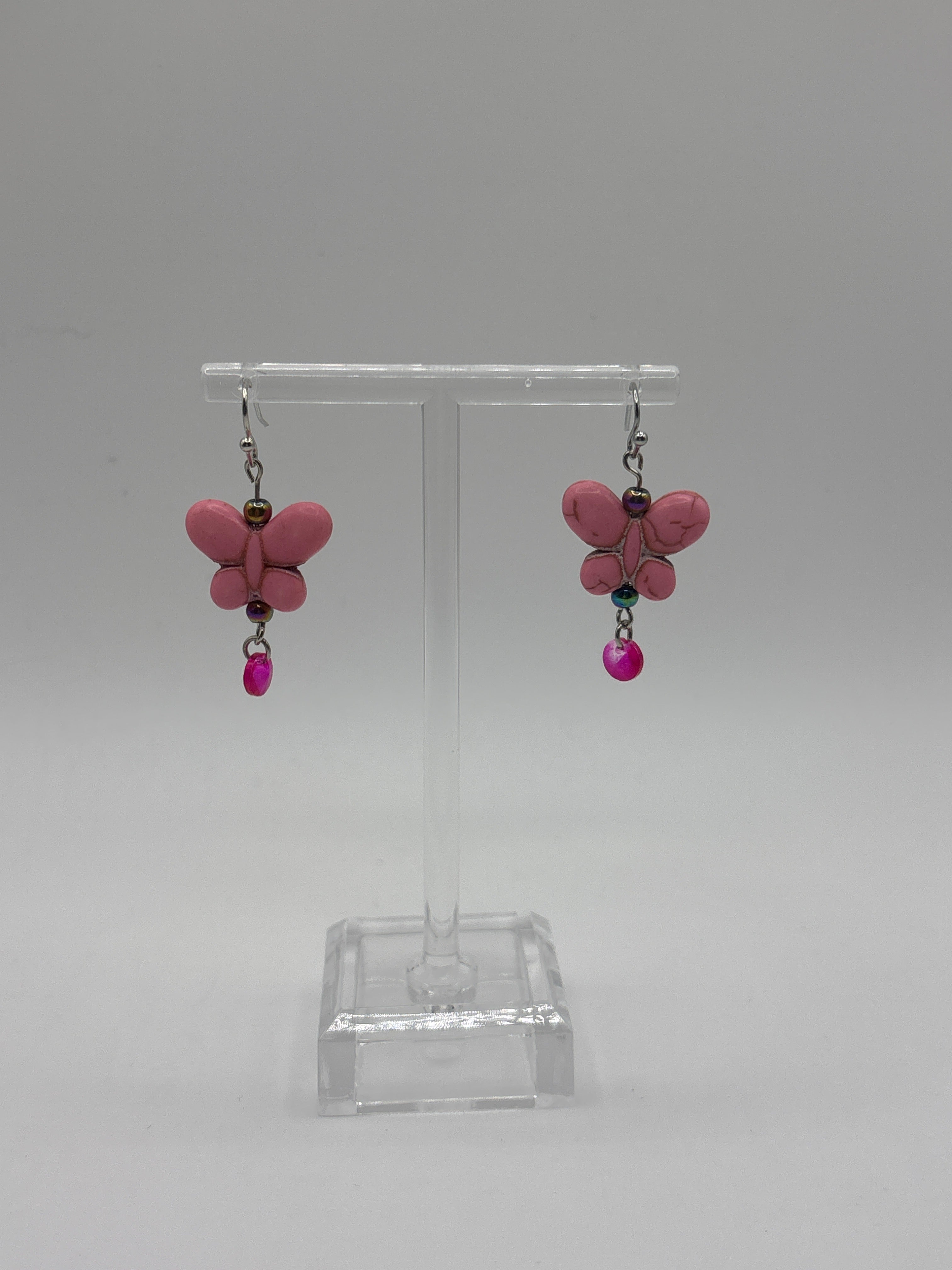 Pink butterfly with pink single dangle and iridescent bead