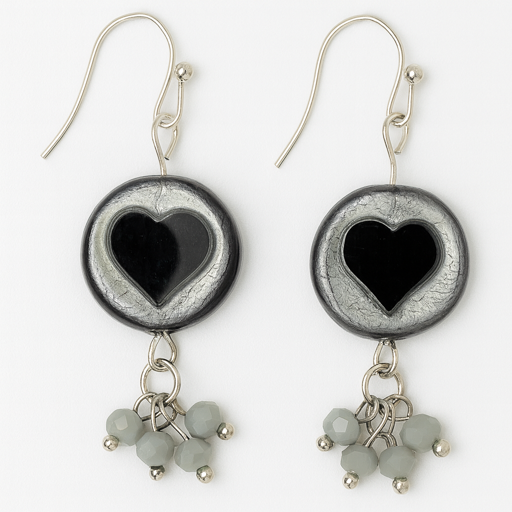 Heart black and gray with gray dangle made of stone