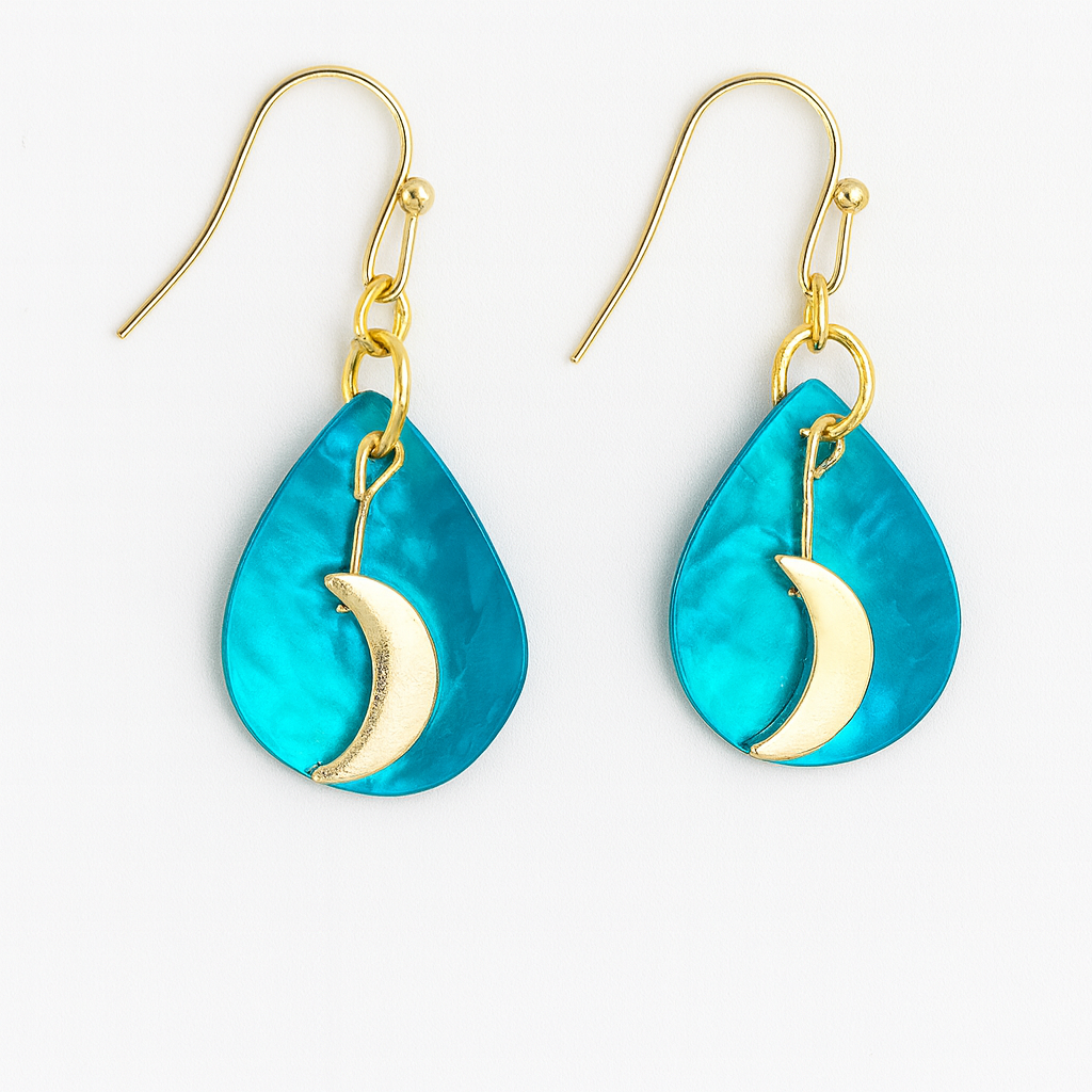 Gold moon on turquoise teardrop shell