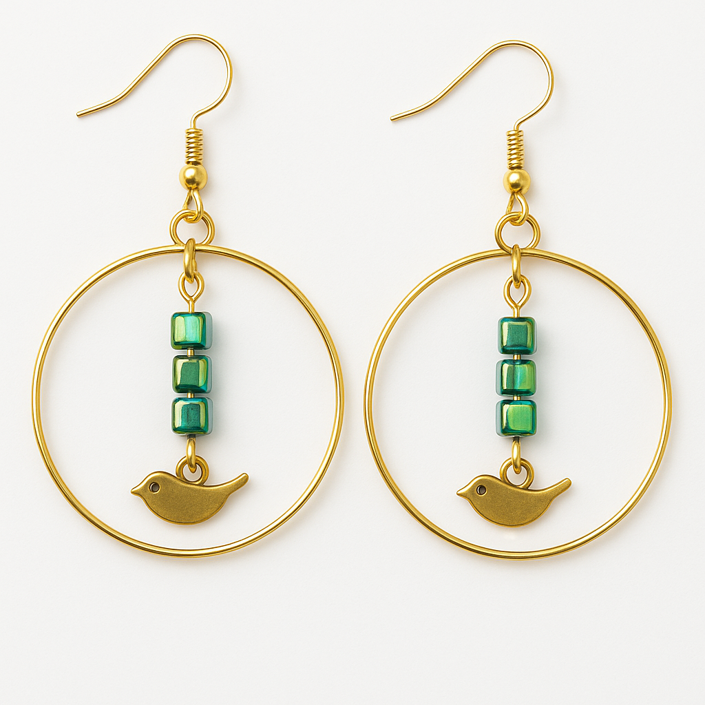 Gold hoops with green beads and gold bird