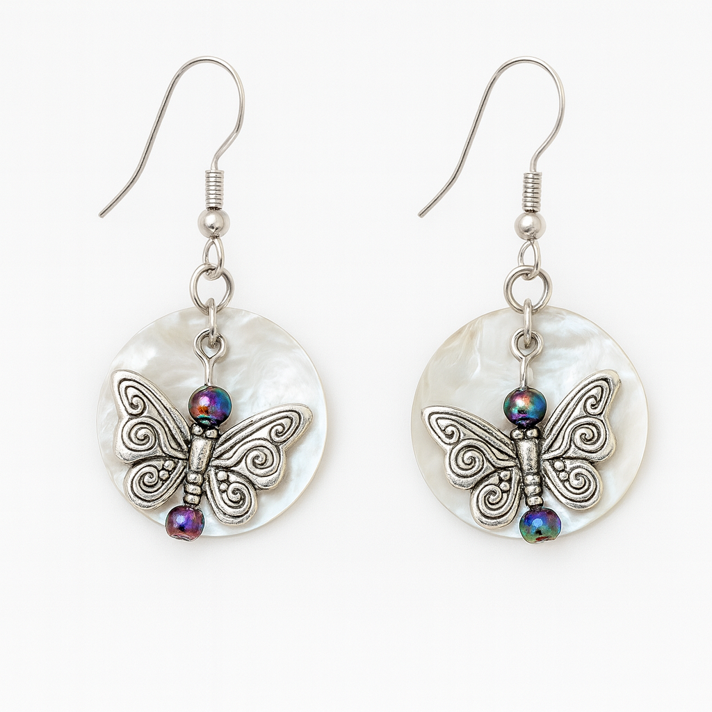Butterfly with iridescent beads on pearl shell