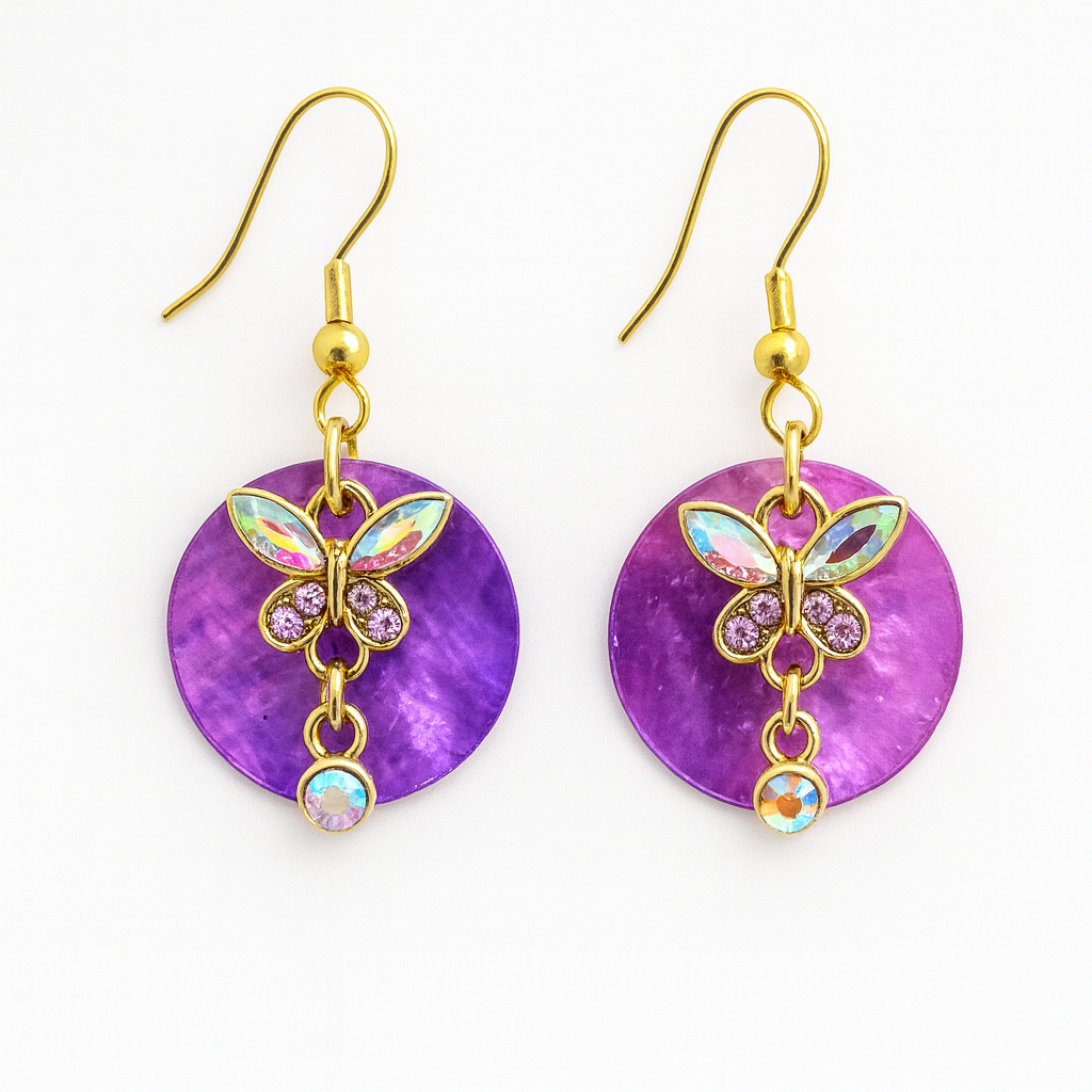 Butterfly with crystals on purple round shell