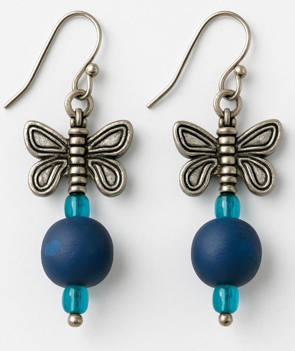 Silver tone butterfly on navy bead