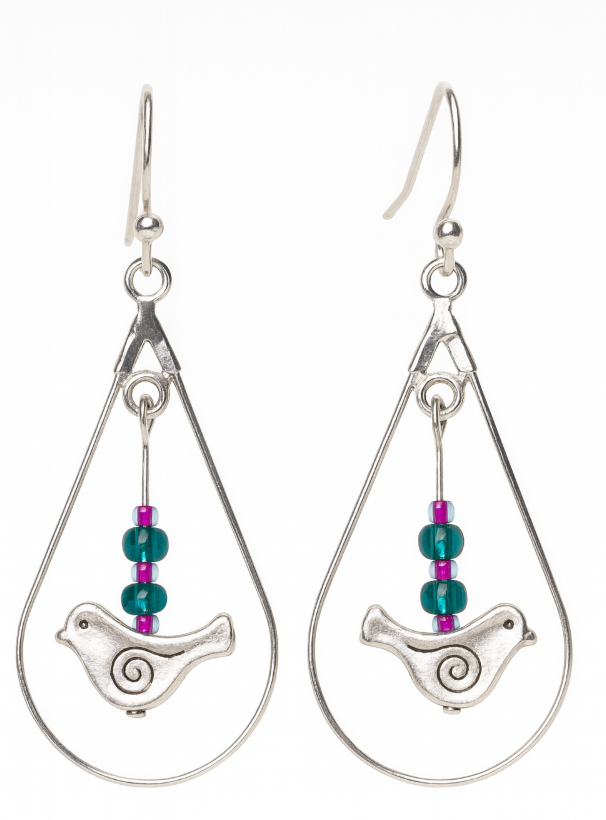 Swinging bird with blue and purple beads. Silver tone