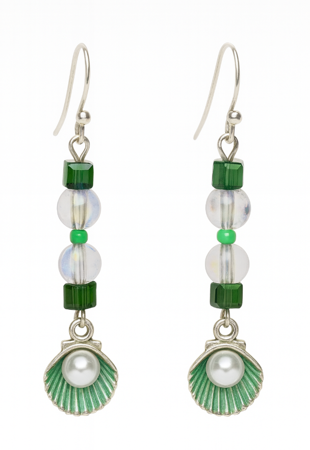 Silver tone with green accent beads, and shell with pearl