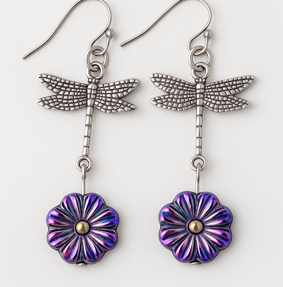 Silver tone dragonfly with iridescent flower