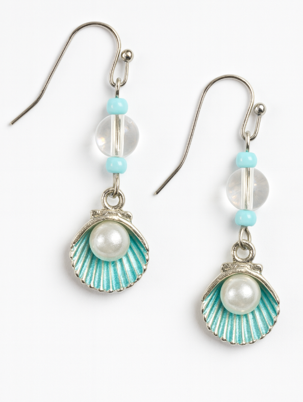 Silver tone shell with blue accents and pearl