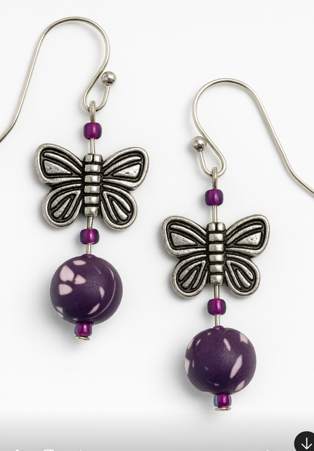 Silver tone butterfly with dark purple bead