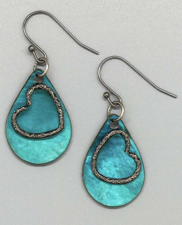 Ocean blue shell teardrop with silver tone braided heart