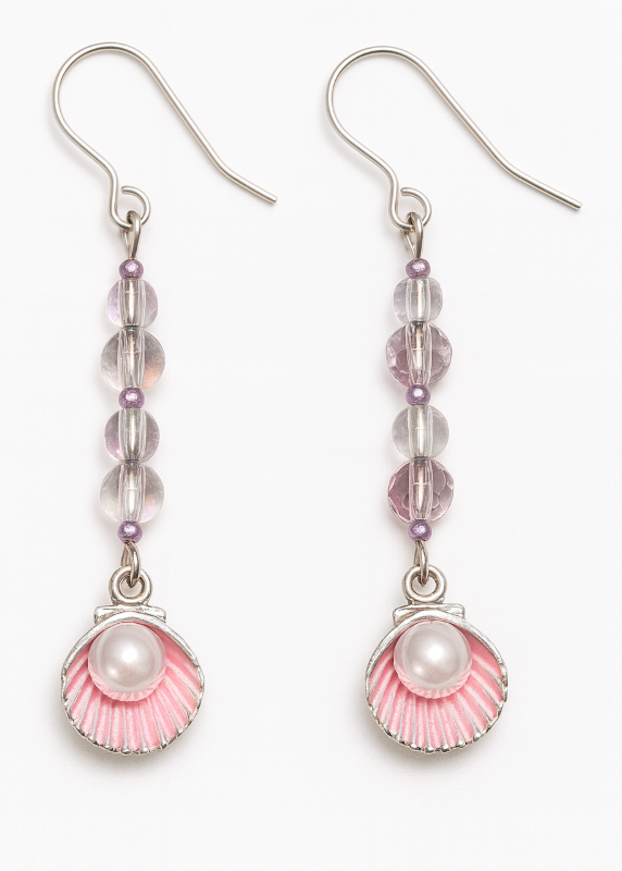 Pink shell with silver tone, pearl, bubbles and crystal.