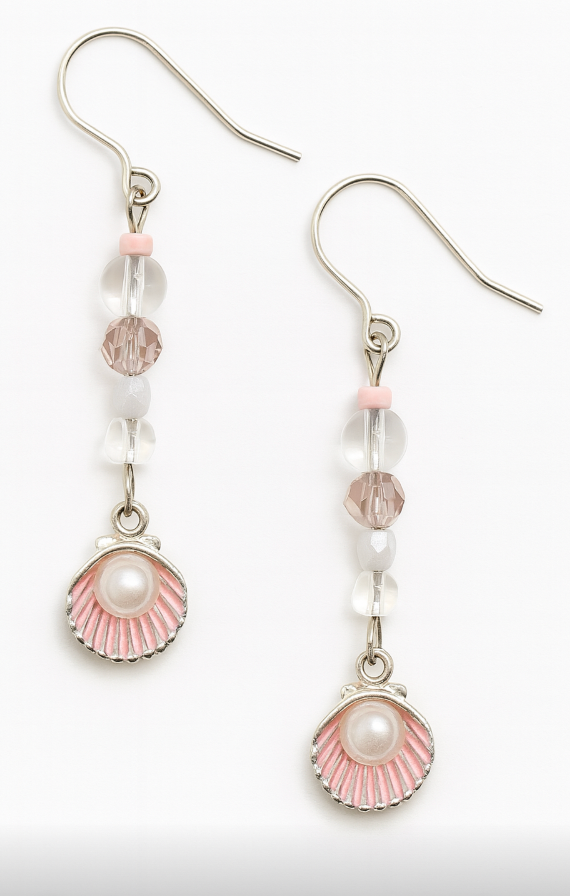 Silver tone shell with pink accents, bubbles and beads, dangle