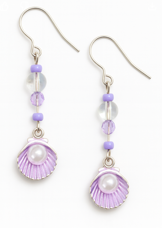 Silver tone shell with pearl, single bubble and purple accents