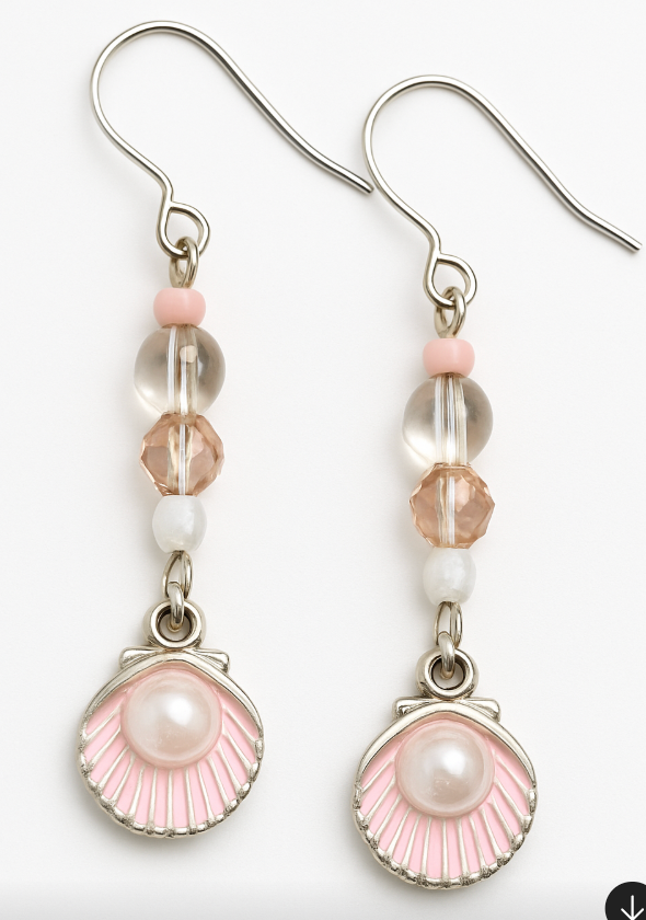 Silver tone shell with pink accents, bubble and pearl