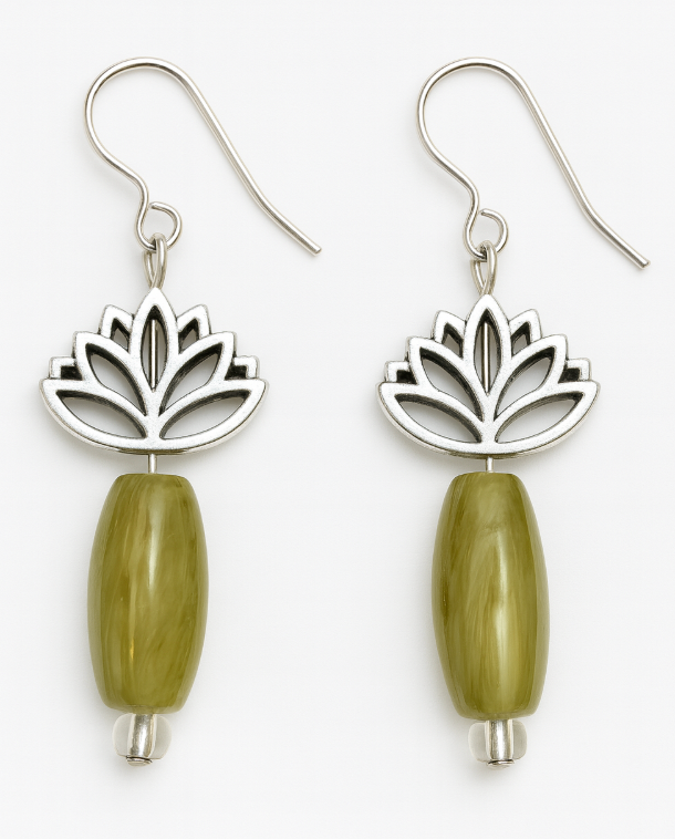 Lotus flower in silver tone with green bead
