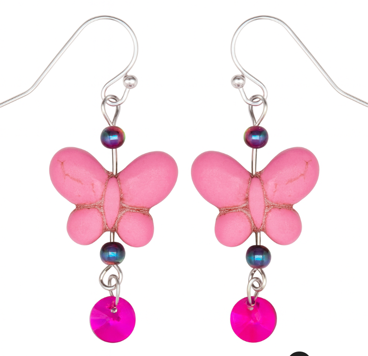 Pink butterfly with pink single dangle and iridescent bead