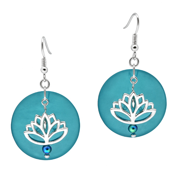 Ocean blue shell with lotus flower in silver tone and iridescent bead